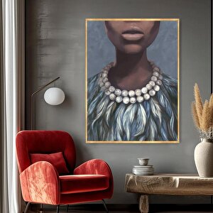 İnci Kolyeli Kadın Yağlı Boya Dokulu Tablo Gold Çerçeve 90x120 cm