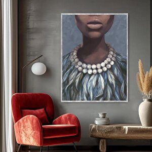 İnci Kolyeli Kadın Yağlı Boya Dokulu Tablo Gümüş Çerçeve 75x100 cm