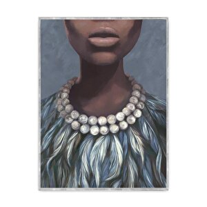 İnci Kolyeli Kadın Yağlı Boya Dokulu Tablo Gümüş Çerçeve 75x100 cm