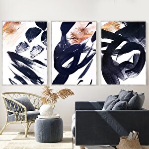 Navy Üçlü Set Yağlı Boya Dokulu Tablo Gümüş Çerçeve 75x100 cm
