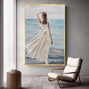 Beyaz Elbiseli Kadın Yağlı Boya Dokulu Tablo Gold Çerçeve 75x100 cm