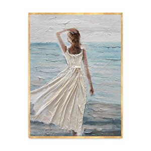 Beyaz Elbiseli Kadın Yağlı Boya Dokulu Tablo Gold Çerçeve 50x70 cm