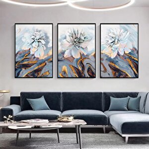 Beyaz Çiçekler Üçlü Set Yağlı Boya Dokulu Tablo Siyah Çerçeve 90x120 cm
