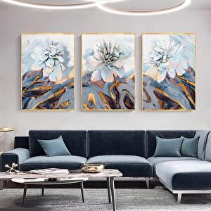 Beyaz Çiçekler Üçlü Set Yağlı Boya Dokulu Tablo Gold Çerçeve 50x70 cm