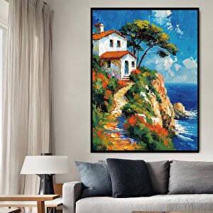 Tepedeki Ev Yağlı Boya Dokulu Tablo Siyah Çerçeve 75x100 cm