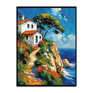 Tepedeki Ev Yağlı Boya Dokulu Tablo Siyah Çerçeve 75x100 cm