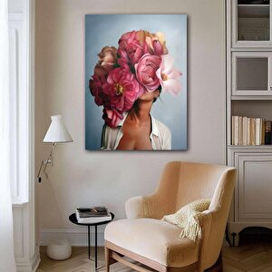 Pembe Çiçekli Kadın Yağlı Boya Dokulu Tablo Çerçevesiz 50x70 cm