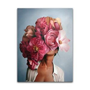 Pembe Çiçekli Kadın Yağlı Boya Dokulu Tablo Çerçevesiz 50x70 cm
