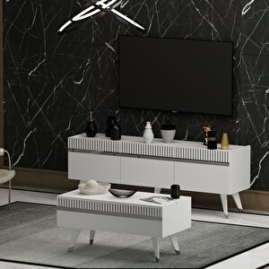Defnedh Lazer Desenli̇ Orta Sehpa Beyaz Gümüş Beyaz