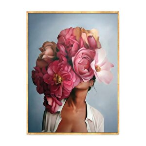 Pembe Çiçekli Kadın Yağlı Boya Dokulu Tablo Gold Çerçeve 90x120 cm