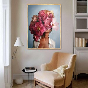 Pembe Çiçekli Kadın Yağlı Boya Dokulu Tablo Gold Çerçeve 100x150 cm