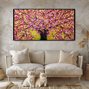 Pembe Çiçekli Ağaç Yağlı Boya Dokulu Tablo Siyah Çerçeve 90x120 cm