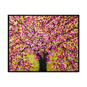 Pembe Çiçekli Ağaç Yağlı Boya Dokulu Tablo Siyah Çerçeve 100x150 cm