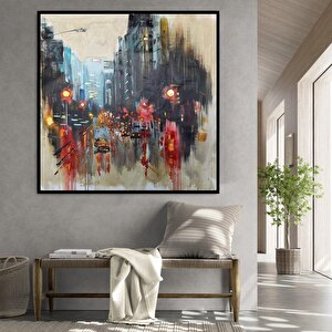 Şehir Yağlı Boya Dokulu Tablo Siyah Çerçeve 100x100 cm