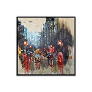 Şehir Yağlı Boya Dokulu Tablo Siyah Çerçeve 100x100 cm