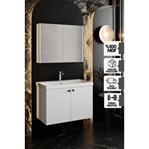 Mimoza 80 Cm Mdf,lavabolu,aynalı Banyo Dolabı Seti,seramik Lavabo Dahil Beyaz Mdf