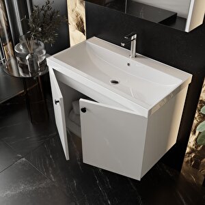 Mimoza 80 Cm Mdf,lavabolu,aynalı Banyo Dolabı Seti,seramik Lavabo Dahil Beyaz Mdf