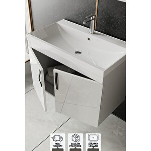 Ege 80 Cm Lavabolu Alt Banyo Dolabı, Kapaklı Banyo Alt Dolabı, Seramik Lavabo Dahil
