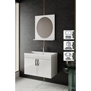 Ege 80 Cm Lavabolu,aynalı Banyo Dolabı Seti, Seramik Lavabo Dahil, Beyaz