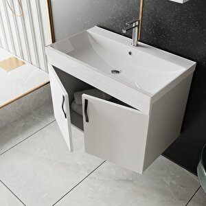 Ege 80 Cm Lavabolu,aynalı Banyo Dolabı Seti, Seramik Lavabo Dahil,beyaz