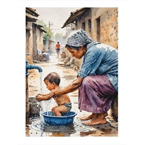 Çocuğunu Yıkayan Anne Mdf Tablo 35cm X50cm 35x50 cm