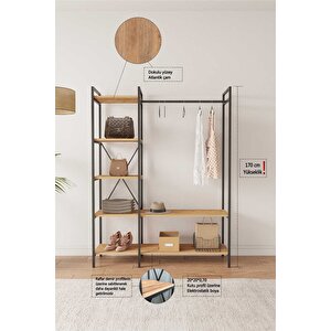 Nilamu Elbise Dolabı, Metal Aksamlı, Atlantik Çam, Açık Dolap, Organizer, Askılık 130*170*34 Cm Çam