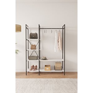 Nilamu Elbise Dolabı, Metal Aksamlı, Beyaz, Açık Dolap, Organizer, Askılık 130*170*34 Cm Beyaz