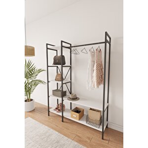 Nilamu Elbise Dolabı, Metal Aksamlı, Beyaz, Açık Dolap, Organizer, Askılık 130*170*34 Cm Beyaz