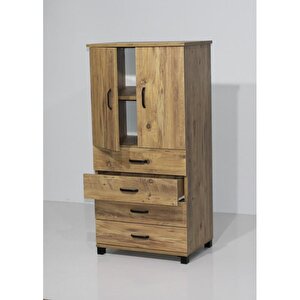 Buket 4 Çekmeceli Raflı Kapaklı Şifonyer 61x44x128 Demonte Ceviz