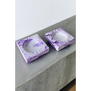 Mermer Desenli Kare Dekoratif Küllük Kül Tablası 2'li Set Mor