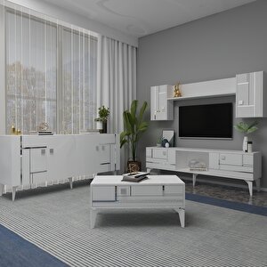 Madera Tv Üni̇tesi̇,konsol Ve Orta Sehpa 3'lü Salon Takim Beyaz-Gümüş Beyaz Silver