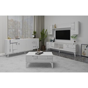 Madera Tv Üni̇tesi̇,konsol Ve Orta Sehpa 3'lü Salon Takim Beyaz-Gümüş Beyaz Silver