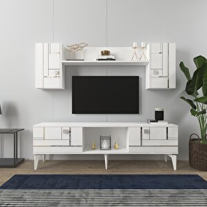 Madera Tv Üni̇tesi̇,konsol Ve Orta Sehpa 3'lü Salon Takim Beyaz-Gümüş Beyaz Silver