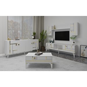 Madera Tv Üni̇tesi̇,konsol Ve Orta Sehpa 3'lü Salon Takim Beyaz-Altın Beyaz gold