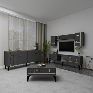 Madera Tv Üni̇tesi̇,konsol Ve Orta Sehpa 3'lü Salon Takim Antrasit-Altın Antrasit Gold