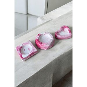 Mermer Desenli Dekoratif Küllük Kül Tablası 3'lü Set Pembe