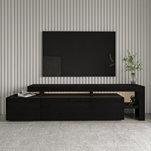 Beliz Modern LED Işıklı 3 Kapaklı, Raflı TV Sehpası – 192 cm, Ahşap Siyah