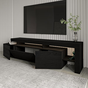 Beliz Modern LED Işıklı 3 Kapaklı, Raflı TV Sehpası – 192 cm, Ahşap Siyah
