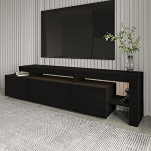 Beliz Modern LED Işıklı 3 Kapaklı, Raflı TV Sehpası – 192 cm, Ahşap Siyah