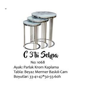 Brc C 14060 Zi̇gon Model Beyaz Mermer Temper Cam Metal Krom Renk Kaplama El Yapım