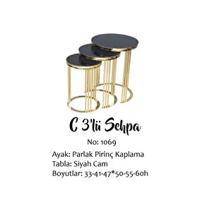 Brc Zigon 14063 C Model 3 Lü Düz Siyah Temper Cam Metal Gold Renk Kaplama Elyapım