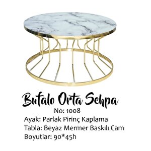 Brc Orta Sehpa Bufalo Model Beyaz Mermer Temper Cam Metal Çelik Gold Renk Kaplama El Yapım