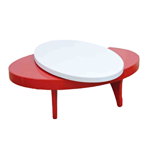 Orta Sehpa 17141 Döner Oval İnovatif Tarz Kayın Ayak Mdf Tabla Beyaz Kırmızi