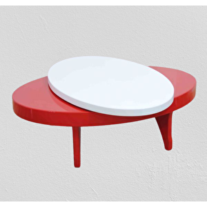 Orta Sehpa 17141 Döner Oval İnovatif Tarz Kayın Ayak Mdf Tabla Beyaz Kırmızi