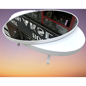 Orta Sehpa 18036 Döner Oval İnovati̇f Kayın Ayak Şık Mdf-cam Tabla Parlak Beyaz