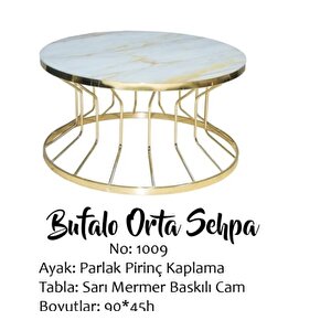 Brc Orta Sehpa 14050 Bufalo Sari Mermer Temper Cam Metal Çelik Gold Renk Kaplama