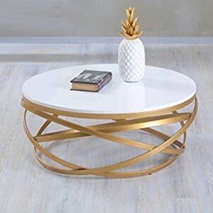 Orta Sehpa 17144 Zlf Dalga Metal Ayak Gold Renk Kaplama Beyaz Mdf Tabla El Yapım