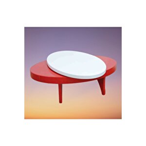 Dönerli Orta 18586 Sehpa Oval Kayın Retro Ayak Mdf Tabla Beyaz Kırmızı El Yapım