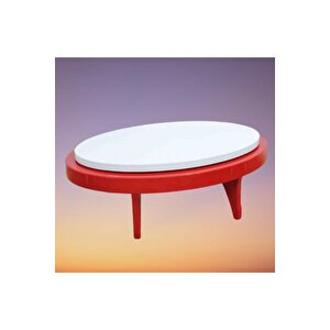 Dönerli Orta 18586 Sehpa Oval Kayın Retro Ayak Mdf Tabla Beyaz Kırmızı El Yapım