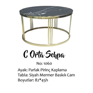 Brc 14059  Orta Sehpa C Model Siyah Mermer Temper Cam Metal Gold Renk Kaplam Ayak